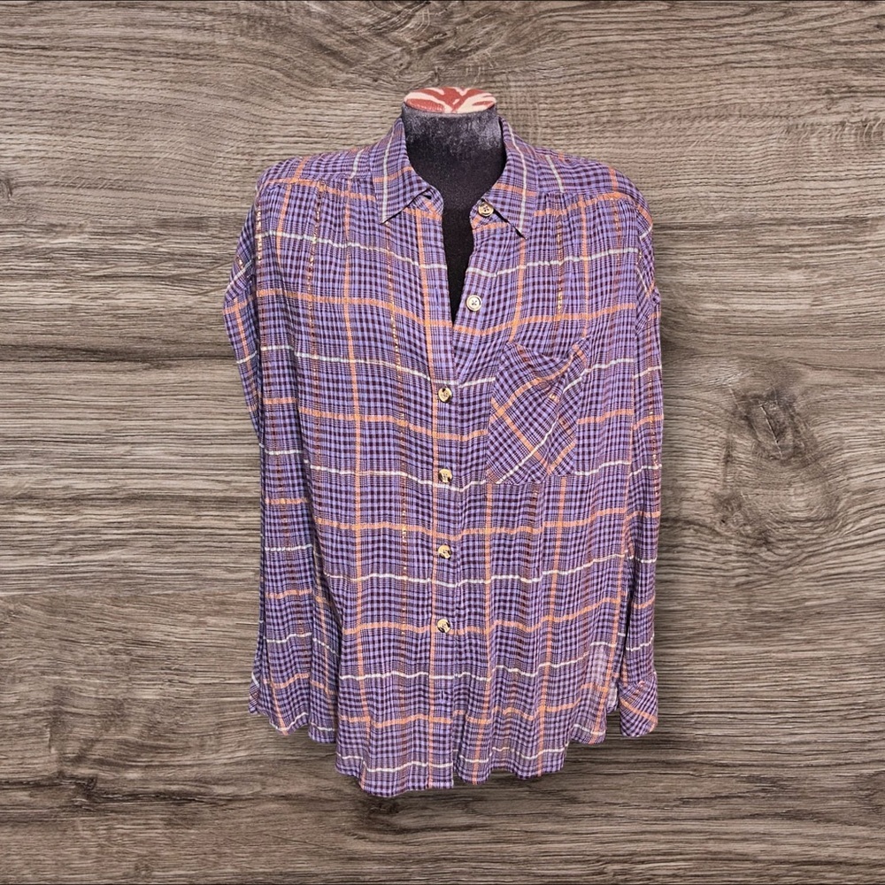 Free People Plaid Purple Break My Stride Oversized Button Up Top Metallic XS